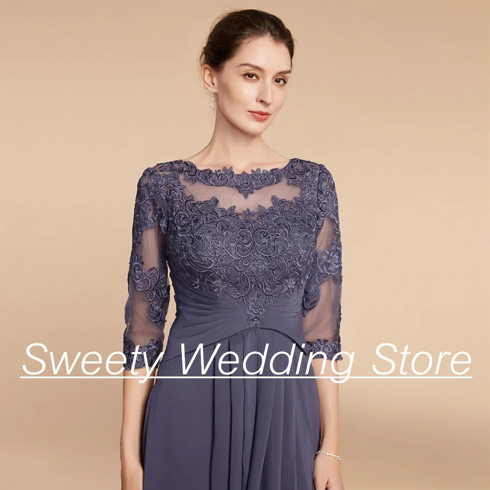 Mother of The Bride Dress Scoop Neck 3/4 Sleeves Applique Pleat Waist Ankle Length A Line Wedding Guest Gown Party Dresses