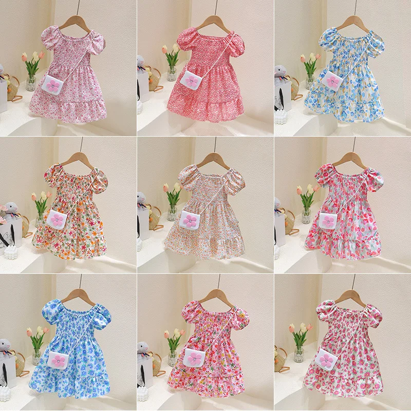 

Girls Casual Dresses With Bag 2 PCS 2023 New Summer Kids Baby Flowers Print Costume Floral Party Birthday Princess Vestidos 1-6Y