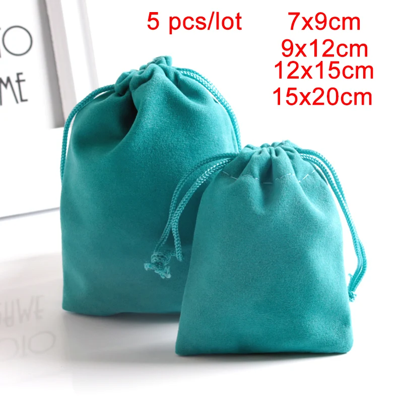 5pcs/lot Jewelry Packing Velvet Pouch Drawstring Gift Bags Blue Wedding Candy Bags Fabric Sachets Make Up Storage Customize Logo