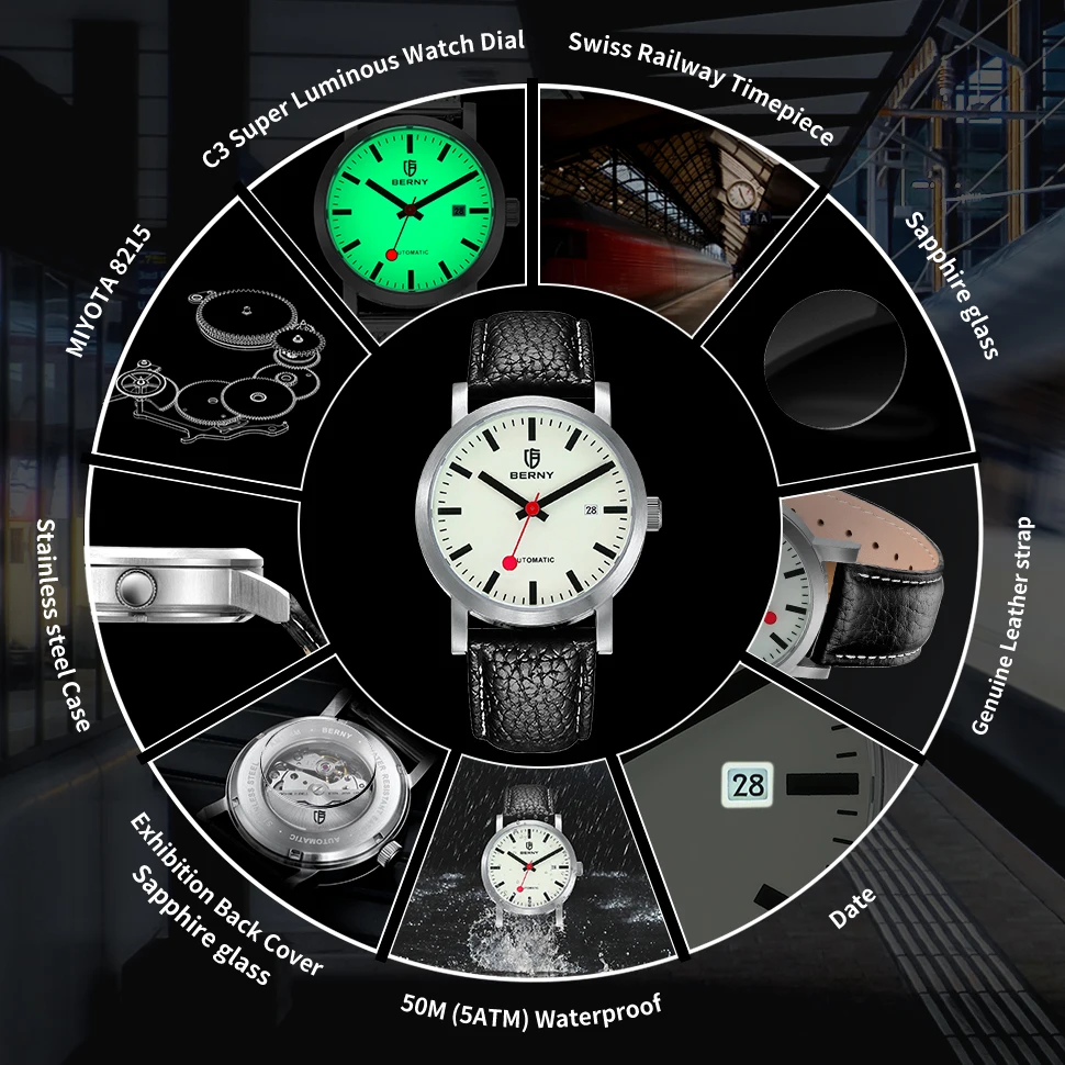 5ATM BERNY Watch for Men Automatic Self-Wind Luxury Watch Top Brand MIYOTA 8215 Luminous Mechanical Swiss Railroad Wristwatch