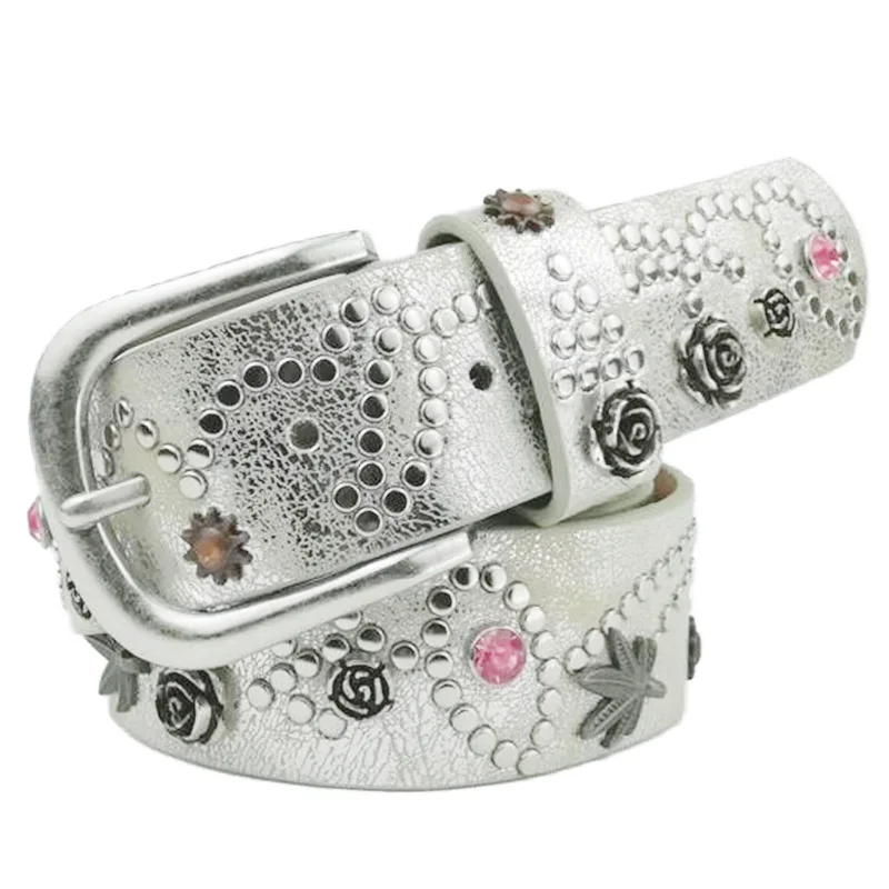 SupSindy Women Belt Luxury Brand Designer Leaves Flowers Rhinestone Rivets Pin Buckle PU Leather Belts for Women Jeans Waistband
