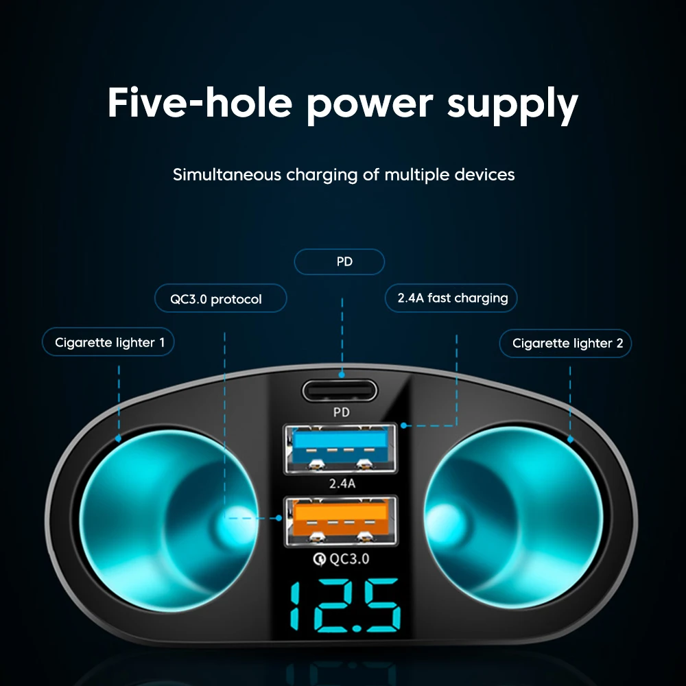 OLAF 66W USB Type C Car Charger QC3.0 Fast Charging for iPhone Dual Car Cigar Lighter Socket LED Digital Display USB C Chargers car charger car phone charger