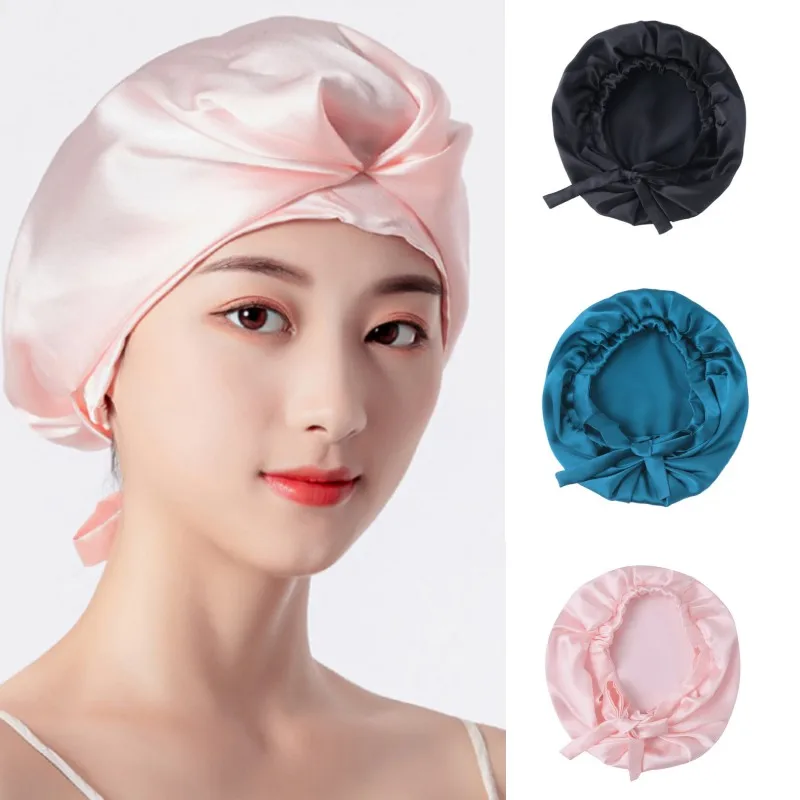 여성용 단색 가역 새틴 보넷, 곱슬 머리 모자, 더블 레이어, 조절 가능한 수면..
