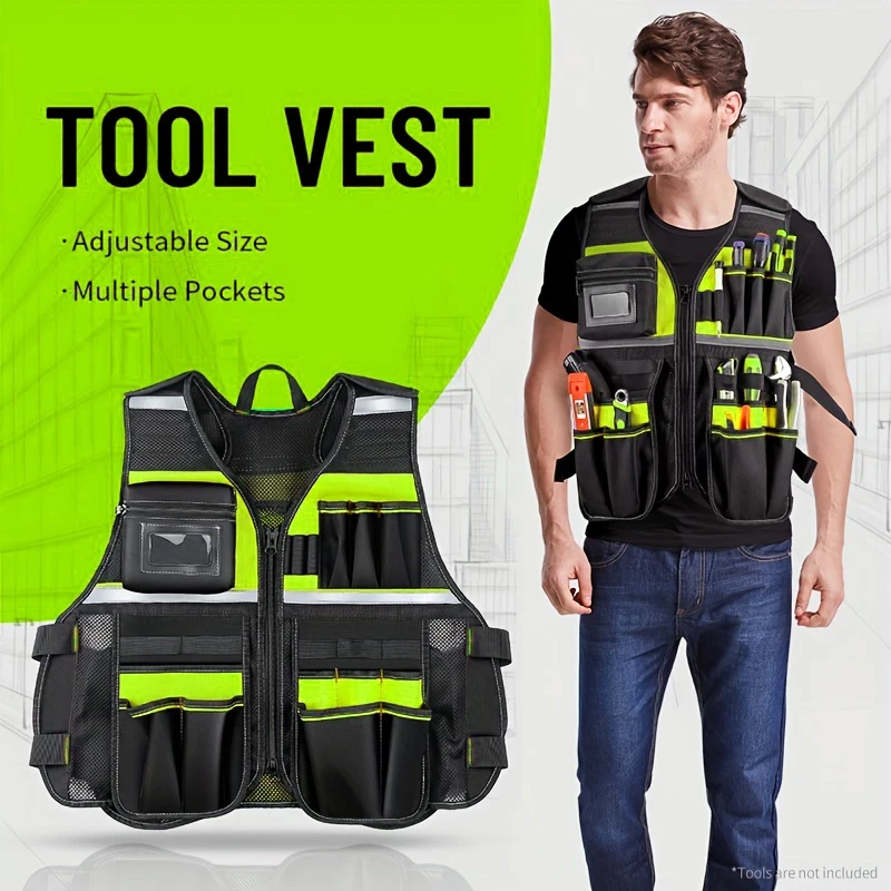 Workwear Allround Work Tool Vest Reflective Safety Vest with Multi-pockets and Zipper Heavy Duty Tool Vest for Electricians 2