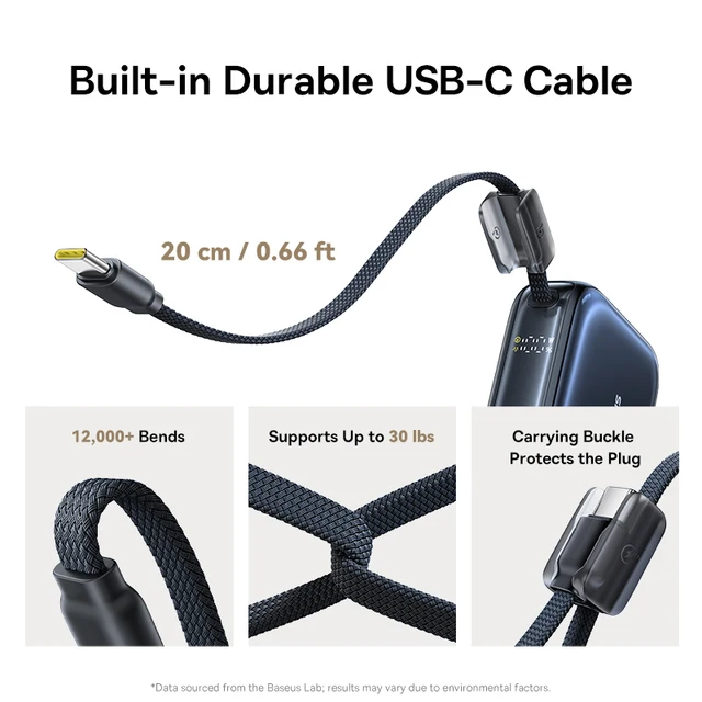Banque d'alimentation mini Baseus 45W 10000mAh avec câble USB-C intégré, format de poche, charge rapide, portable pour iPhone 17 Samsung S25 4 Banque d'alimentation mini Baseus 45W 10000mAh avec câble USB-C intégré, format de poche, charge rapide, portable pour iPhone 17 Samsung S25 4