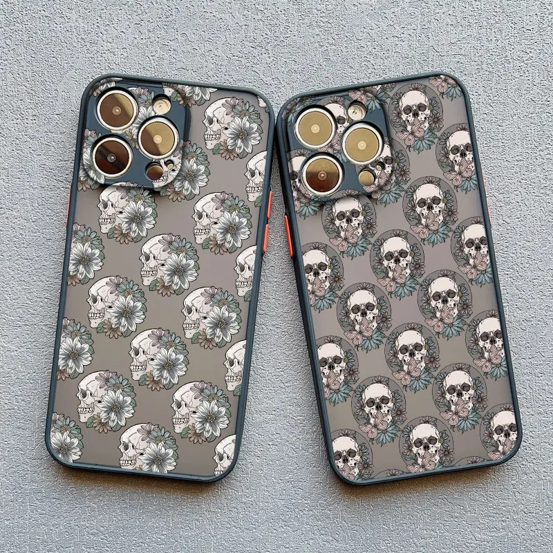 Elegant Skull Flowers Shockproof Black Phone Case