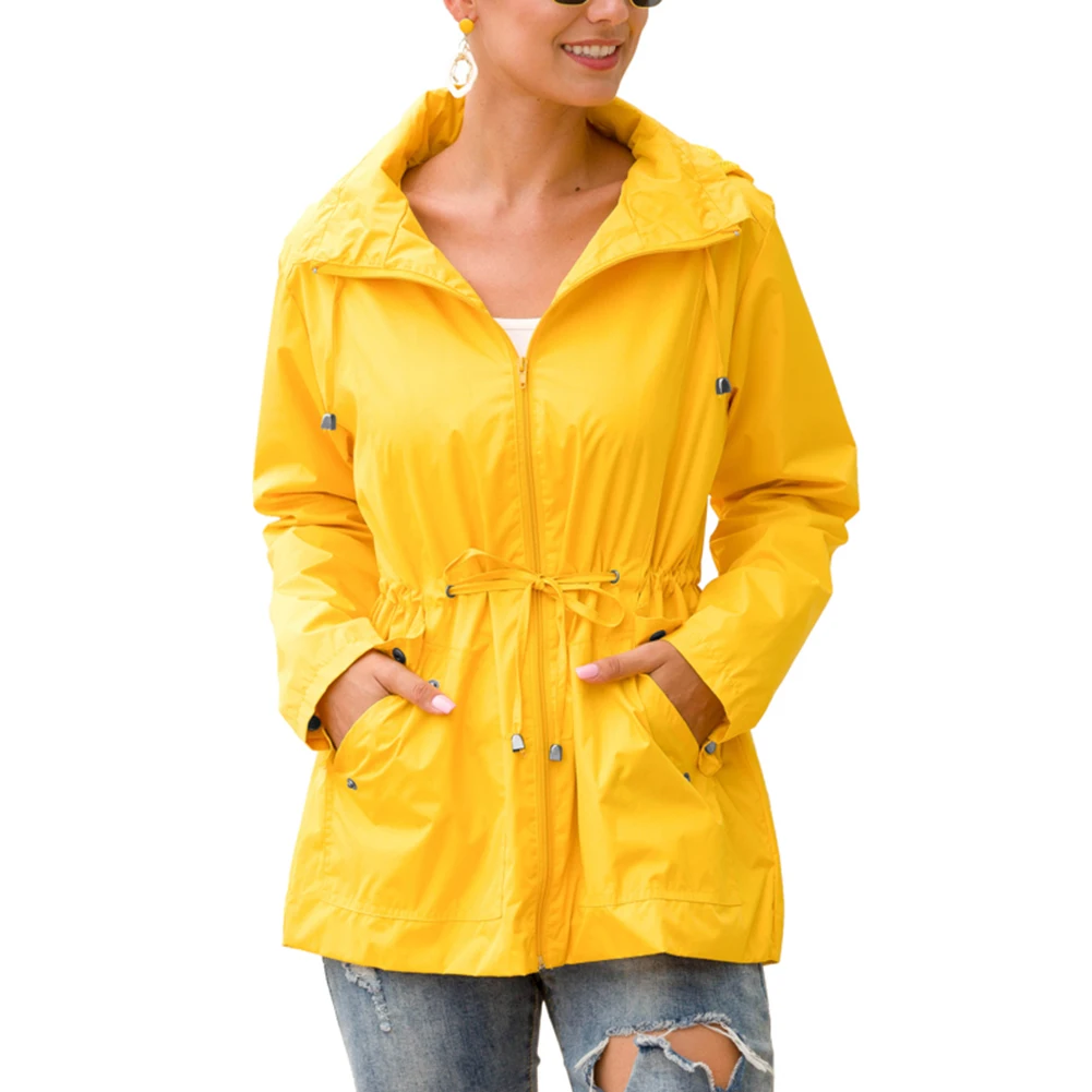 WomenWindJacketRainCoatWaterproofTightWaistZipperPocketsLongHoodedJacketWindbreaker