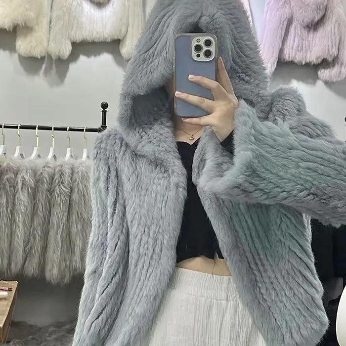 

Autumn Winter Women Real Rabbit Fur Coat 100% Natural Fur Jacket Loose Manual Weave Quality Streetwear Hooded Flare Sleeves New