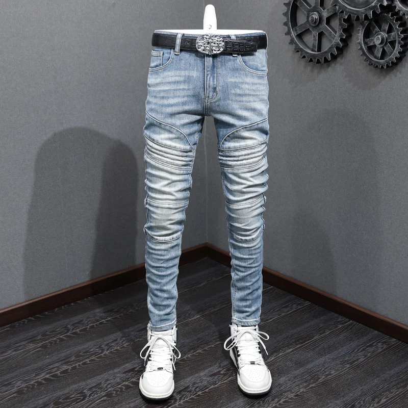 

Street Fashion Men Jeans Retro Light Blue Spliced Designer Elastic Skinny Fit Biker Jeans Men Patched Hip Hop Denim Pants Hombre
