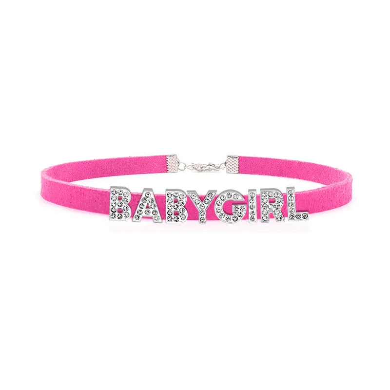 Hot Sexy Rose Red Suede Leather Collar Rhinestone Letters Choker Harajuku DIY Customized Necklaces Lovers BDSM Cosplay Jewelry