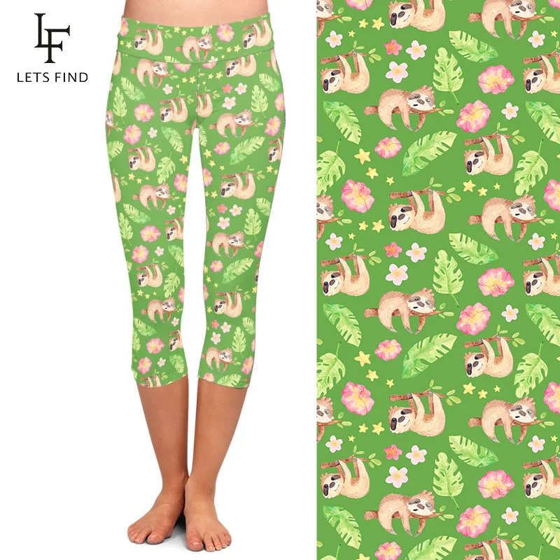 LETSFIND Fashion Cute Hand Painted Watercolor Sloths Print Elastic Capri Leggings High Waist Women Fitness Leggings