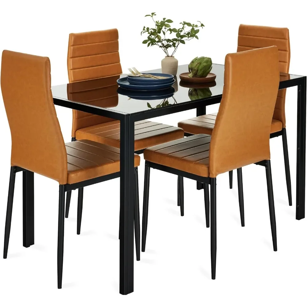 

5-Piece Glass Dining Set, Modern Kitchen Table, Compact Space-Saving w/Glass Tabletop, 4 Upholstered PU Chairs