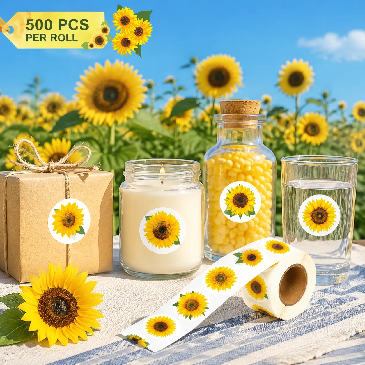 다채로운 해바라기 패턴 스티커 500개 라운드 라벨 DIY 공예 포장 및 개인화 장식에 적합