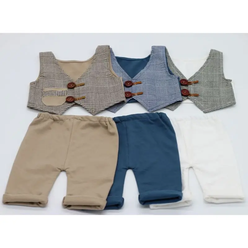 Boys Newborn Plaid Vest Shorts Gentleman 2 piece Suit Children's Clothing Baby Photo Props Birthday Party Wedding Costum