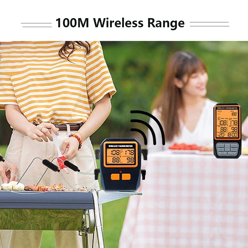 MeatChamp 4 Probes Backlight LCD Display 100M Wireless Range Digital Kitchen Cooking BBQ Oven Meat Thermometer With Alarm 4
