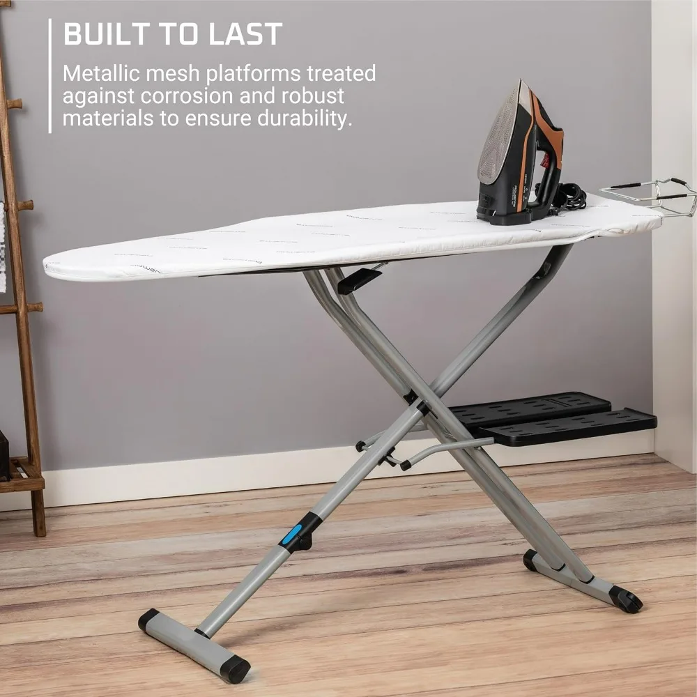 Compact 18x54 Inch Ironing Board by Rowenta with Folding Hanger Rack and 4 Legs, Space-Saving Design in Beige