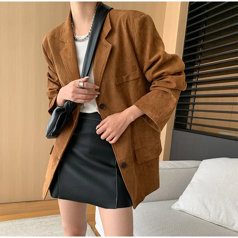 Casual Suede Long Sleeve Jackets Women Autumn Loose Brown Lapel Coat Top With Pockets Female Elegant Chic Street New in Outwear