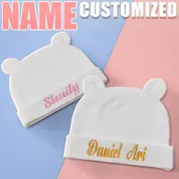 Personalized Baby Name Newborn Organic Cotton Beanie with Ears Unisex Breathable Hat Gift 0-6M Infant Daily Cap 1