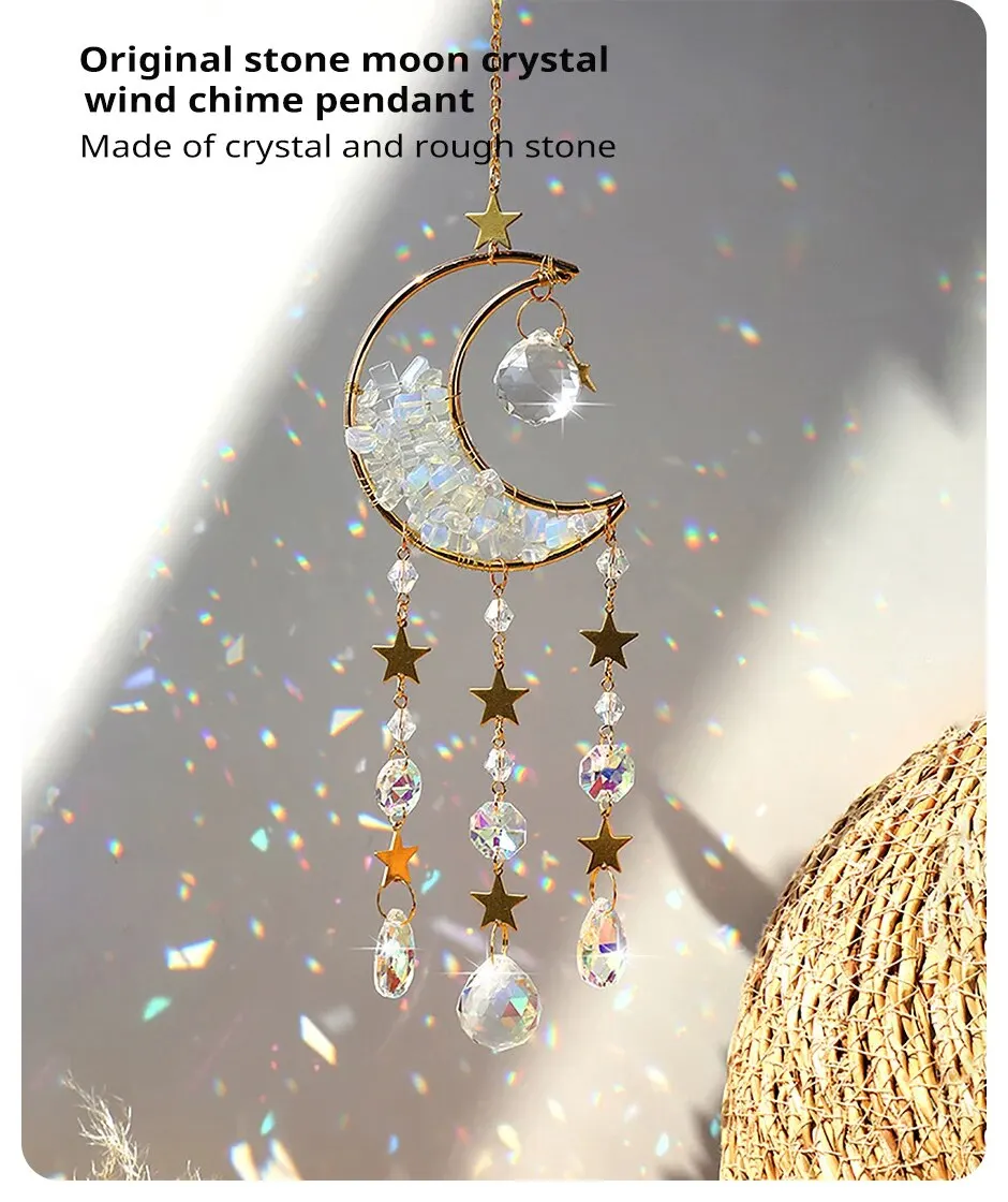 Description Picture 3 of item1 Piece Rainbow Made Crystal Suncatcher, Raw Stone Moon Home Decor for Garden Bedroom Balcony Pendant