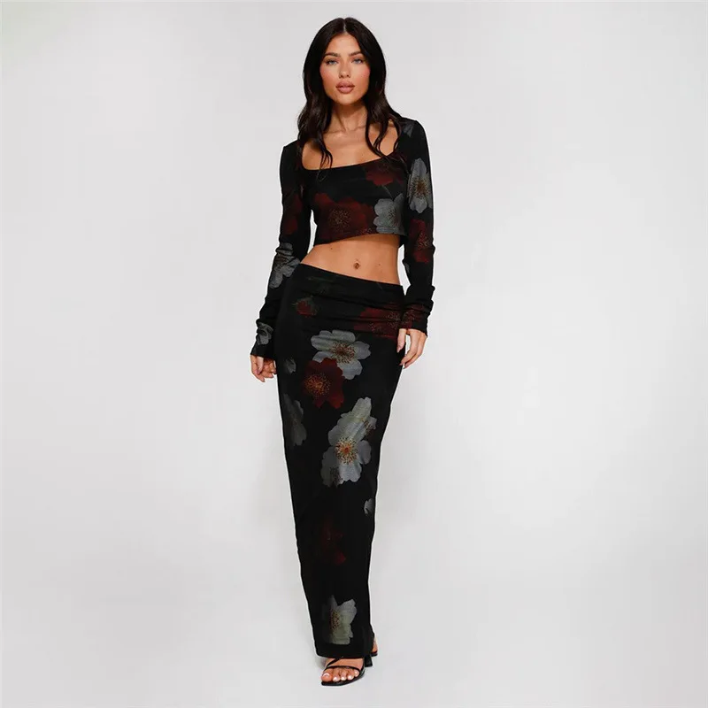 Style Autumn and Winter New Women's Printed Square Collar Long Sleeve ShortTSlim Fit High Waist Skirt SuitCok