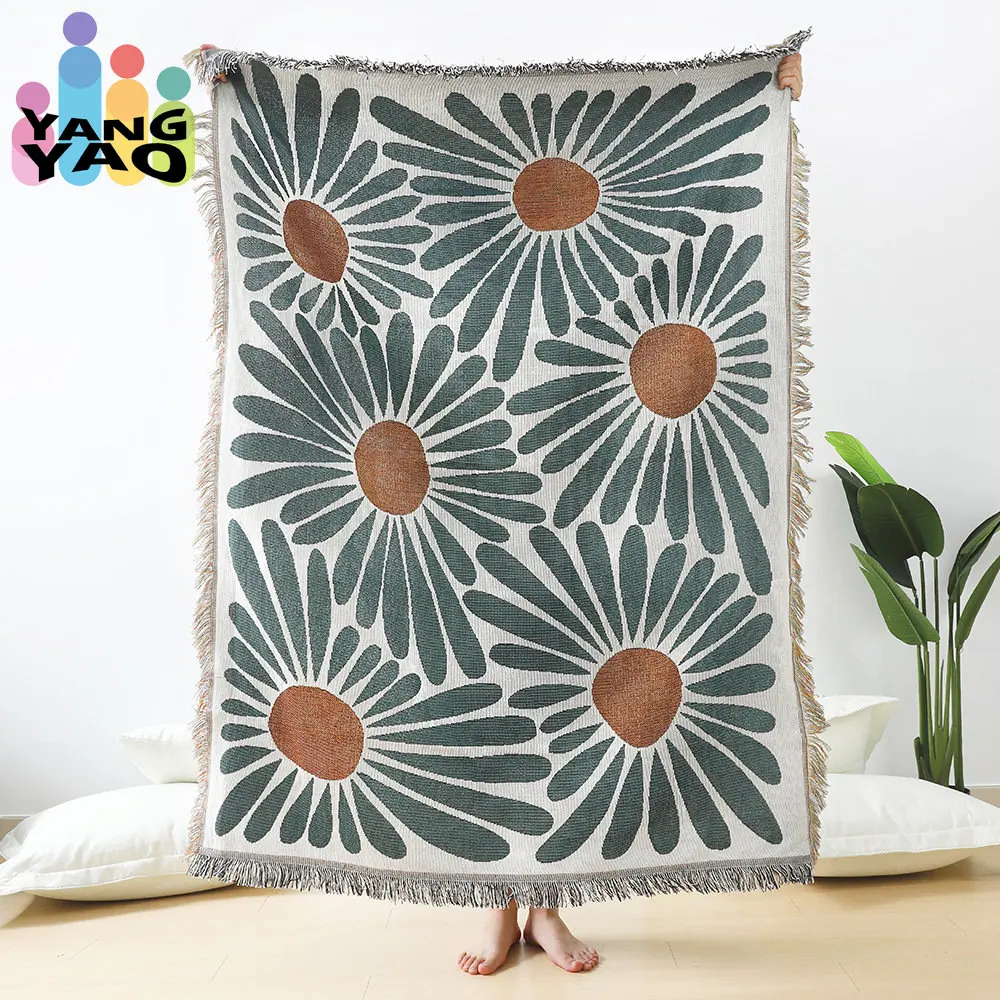 

Floral Daisy Pattern Woven Throw Blanket Wall Carpet Sofa Bed Room Decor Tassel Thread Blanket Large Throw Tapestry Picnic Mat