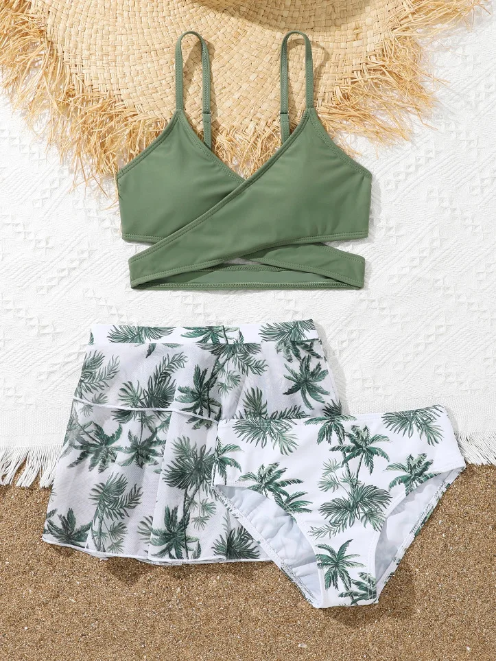 Girls 3pack Coconut Palm Print Bikini Sets with Skirts Cross Wrap Swimsuit 7-12 Years Children's Swimwear Bathing Suit