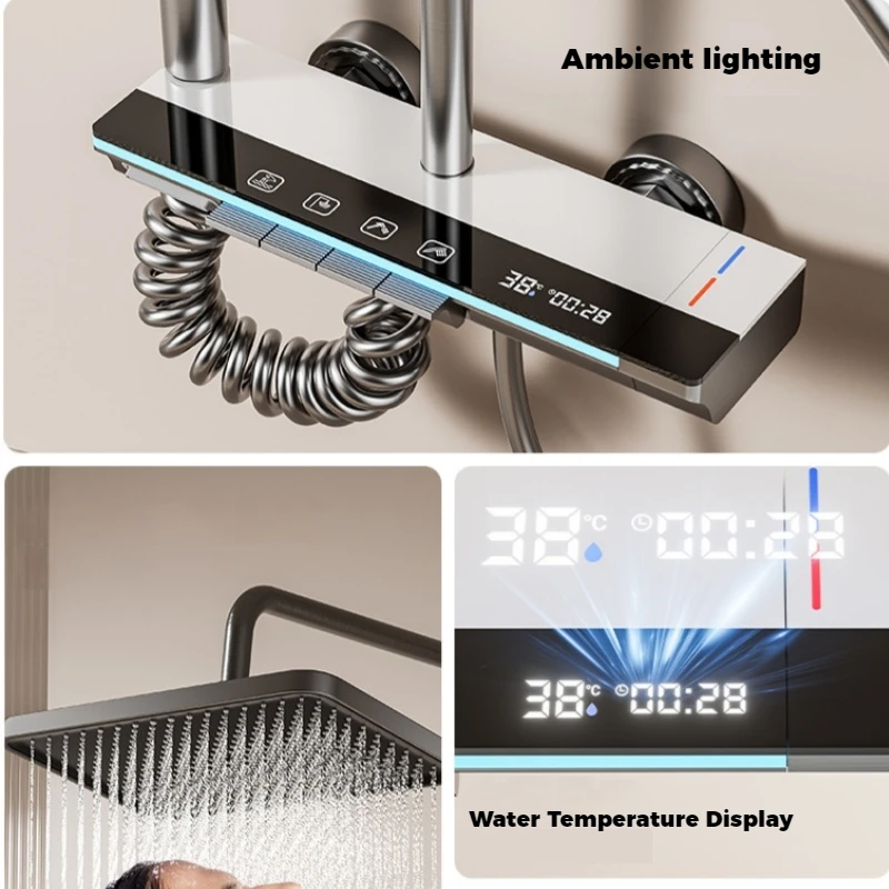 Hot Cold Shower Set Faucet Temperature Digital Display Bathroom Wall Mounted 4 Ways Water Outlet Rainlfall Shower Faucet System 2