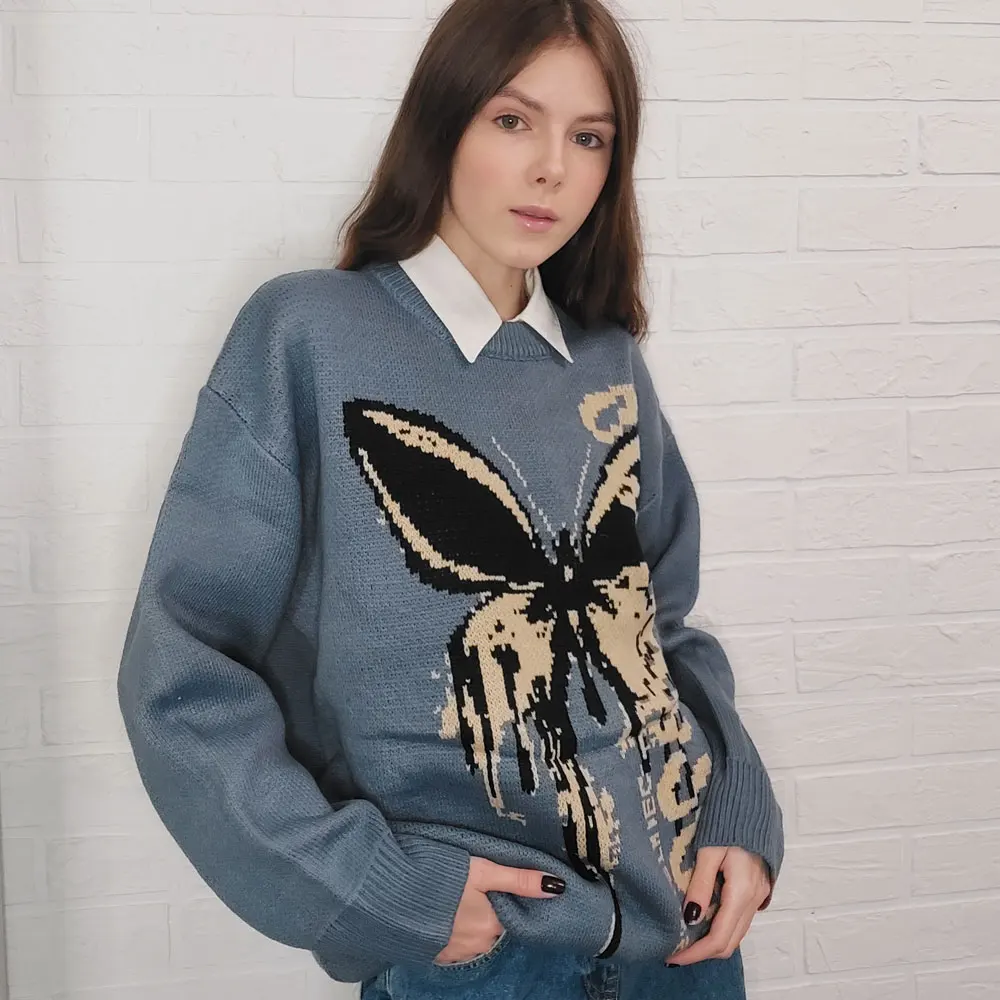 Sweater Butterfly Print Soft Knitted O 