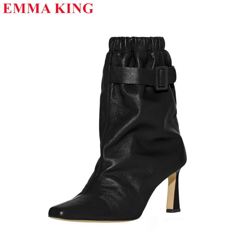 

2024 New Women Buckle Belted Ankle Boots Fashion Square Toe Slip On Shoes Elegant Ladies High Heels Short Boots Designer Shoes