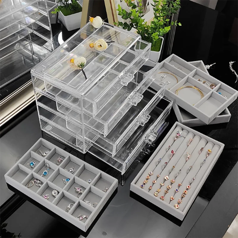 Transparent Jewelry Box Acrylic Women' Earrings  Necklace Brace Bracelet Tray Jewelry Boxes Display Stand Rings Case Organizer