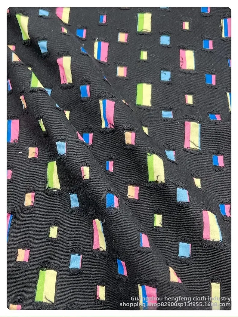 Fashionable Denim Fabric for Clothing Outerwear Pants Skirts Jackets Hole Punching Ripped Stripe Tassel Set Apparel Bag Material
