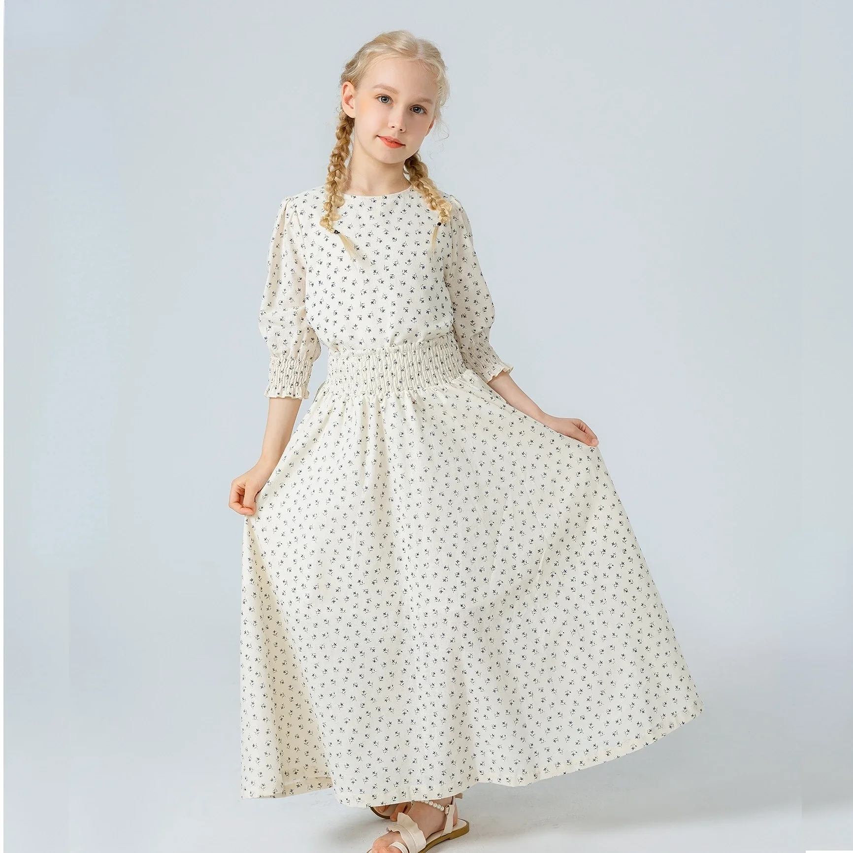 Teen Girls Skirt Set 3/4 Sleeve Top Summer&Spring Lavender Floral Set Cotton Fabirc Apricot Color with Blue Floral
