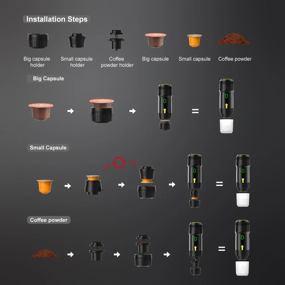 Wireless Electric Portable Espresso Coffee Machine for Car & Home Camping Coffee Maker 3-in-1 Capsule Powder Travel Coffee Maker 5