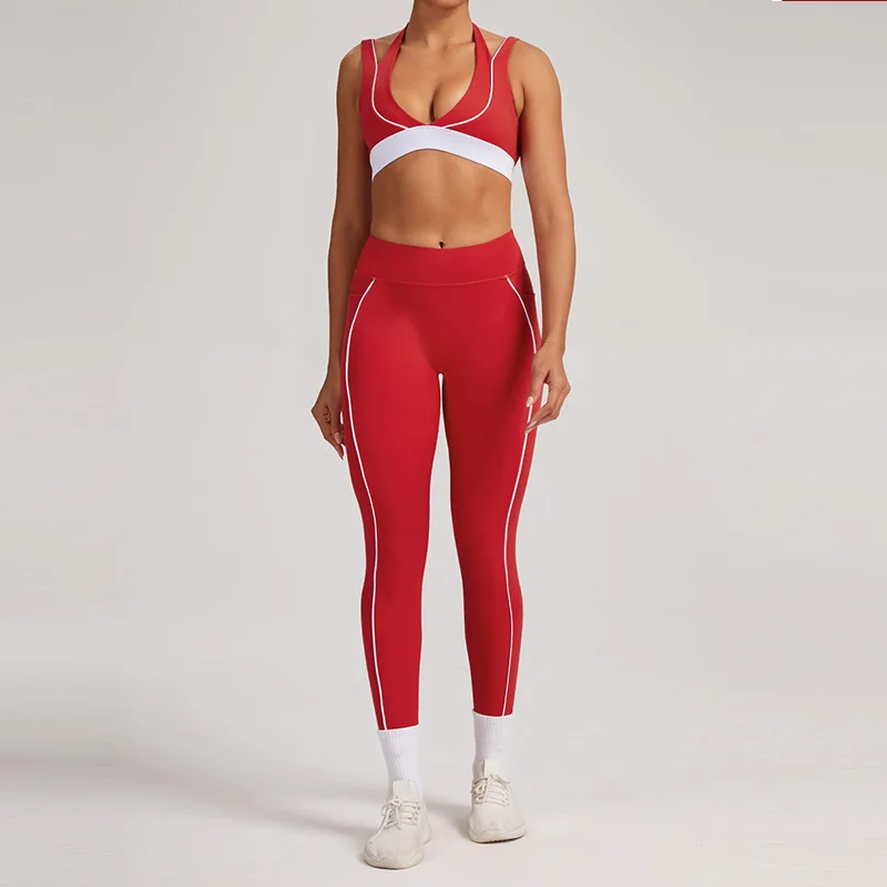 Women's Open Back Halter Bra High-Waisted Leggings set with Side contrasted ribbed band Yoga Pants with Pocket Workout Fitness W