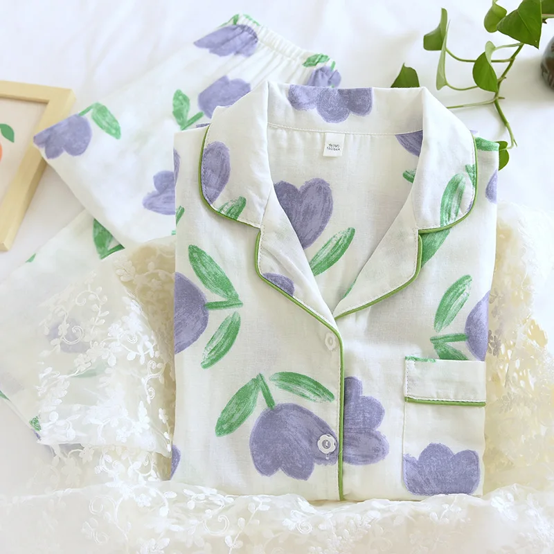 

Women Cotton Pajamas Set Fashion Loose Home Purple Tulip Sleepwear 2 Piece Top and Wide Leg Pants Female Clothing