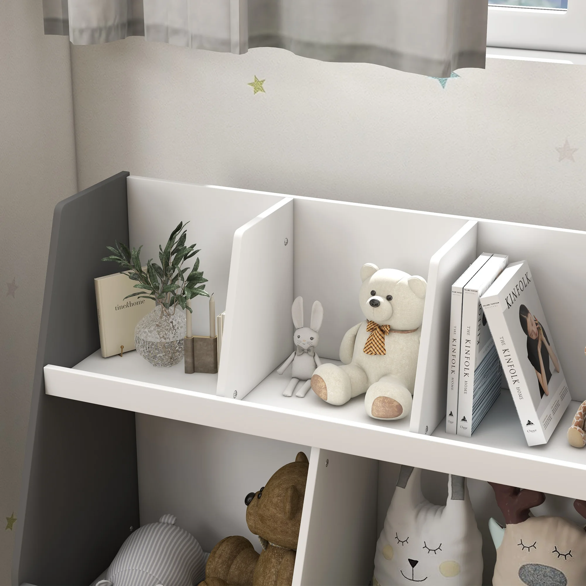 2 Tier Kids Bookcase Toy Shelf with 5 Compartments, Gray 6