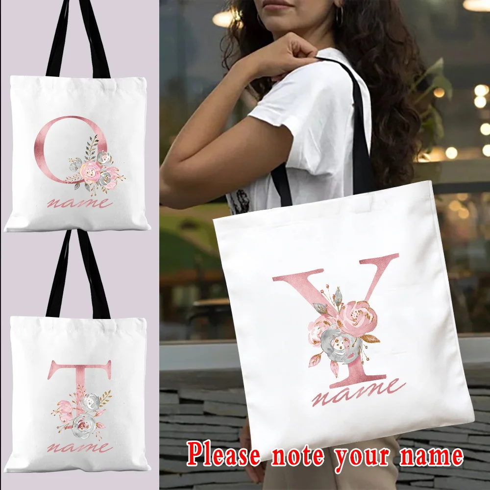 Women's Reusable Shopping Bag Casual Large Capacity Shoulder Bags Canvas Tote Bag Customize Pink Flower Letter Name Handbags