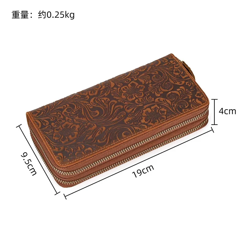 Luxury Brand Crazy Horse Leather Zipper Long Wallet Men's Clutch Double-layered Cash Card Holder