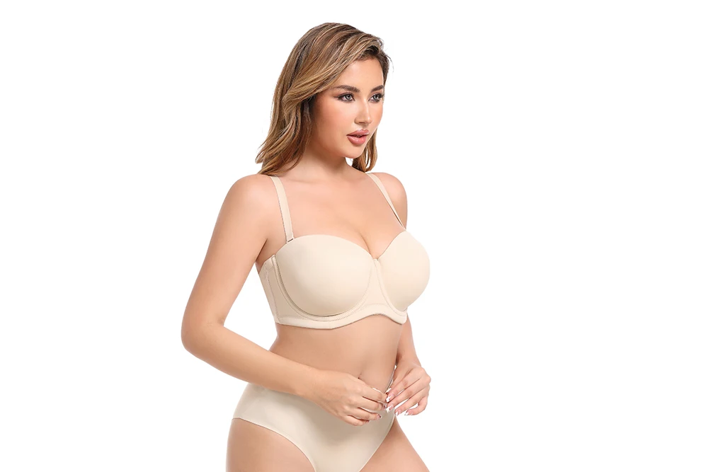 Sheroine Plus Size Strapless Push Up Bra, Underwire Multiway Full Coverage Lightly Padded Bras for Large Breasts Support Comfort