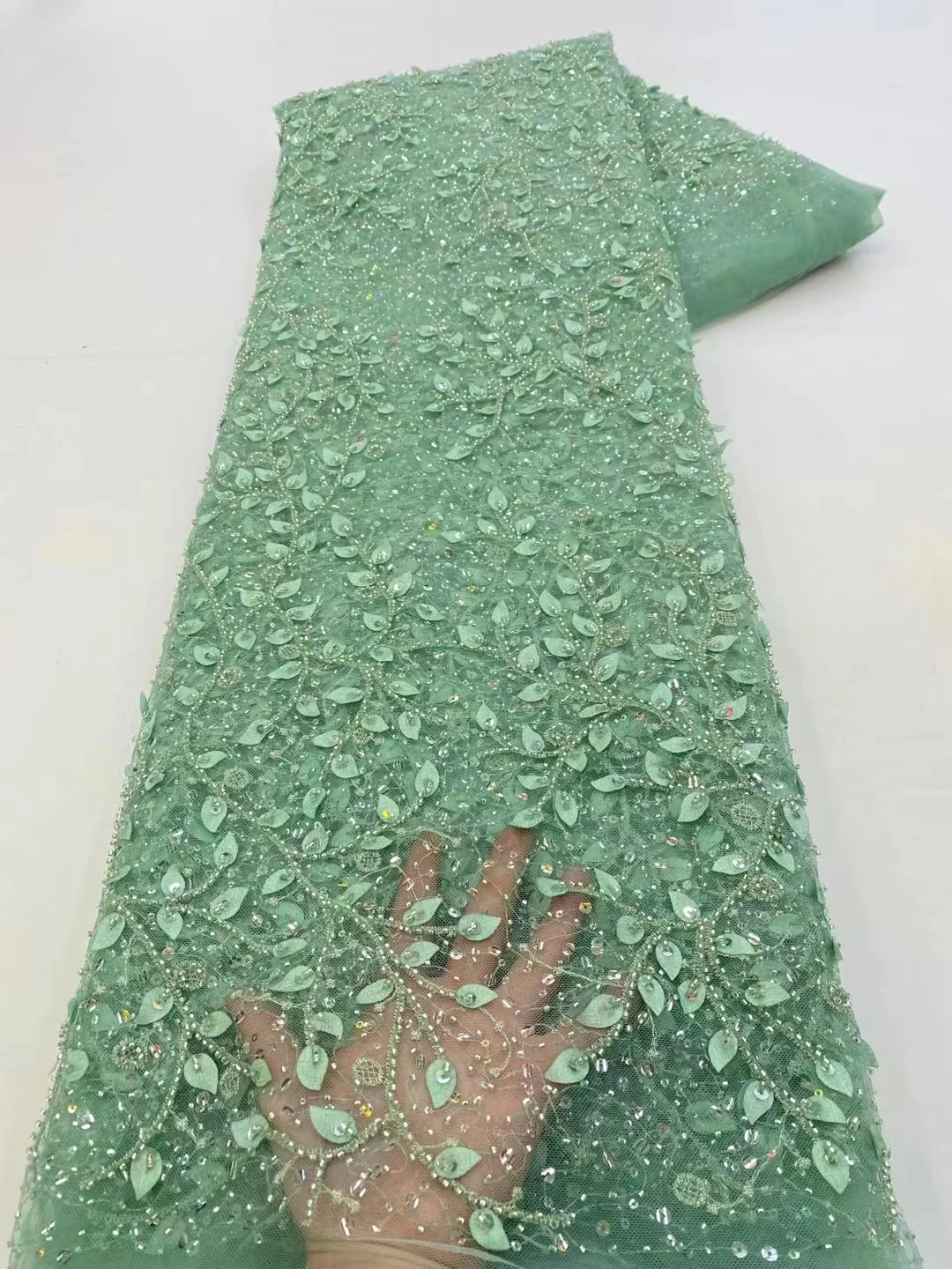 

Elegant Handmade Beads Embroidery French Tulle Lace Fabric For Party Nigerian Luxury Sequines Lace Fabric Sewing Material QF0503