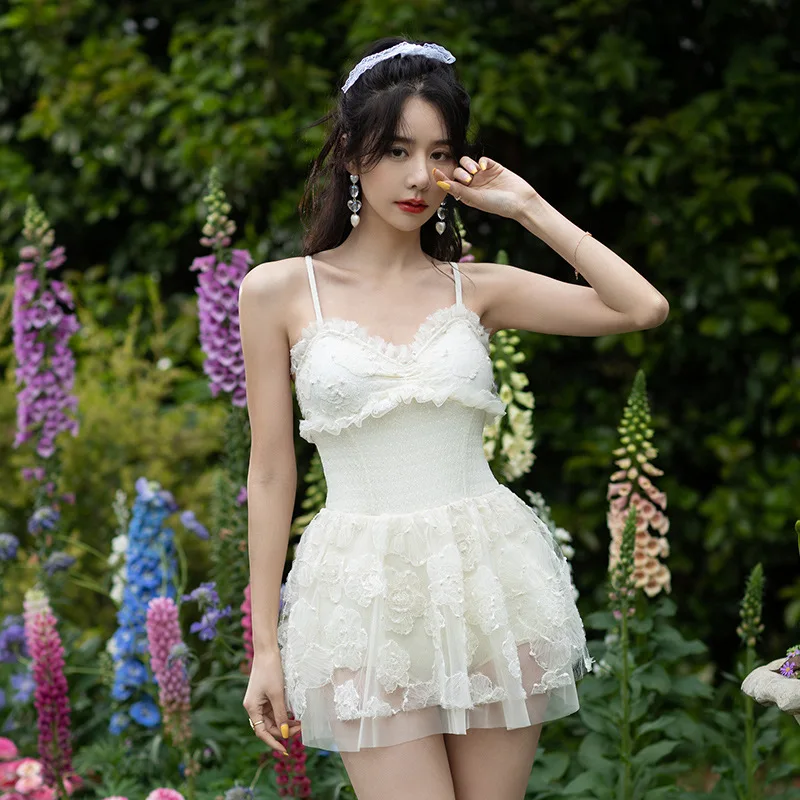 

Wisuwore 2023 New Fairy Fan Swimsuit Female One-piece Sweet Belly Cover Thin Hot Spring Sexy Lace Dress Swimsuit