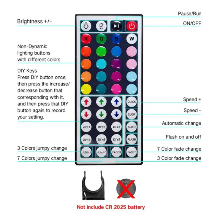 Wireless Bluetooth LED Strip Light Controller with 44-Key Remote and Dual Outputs