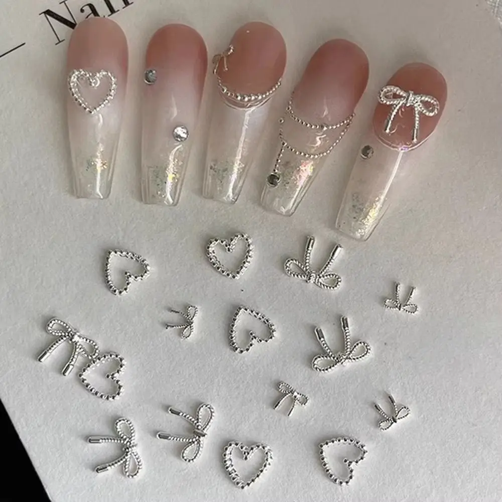 10Pcs/Bag Mini Bowknot Nail Art Charms Alloy Metal Love Nail Decals Super Shiny Silver Manicure Accessories
