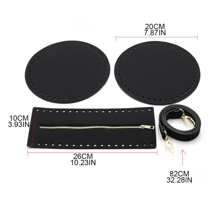 4Pcs/Set Bag Bottom Base Round Faux Leather Strap Zipper for DIY Crochet Handbag