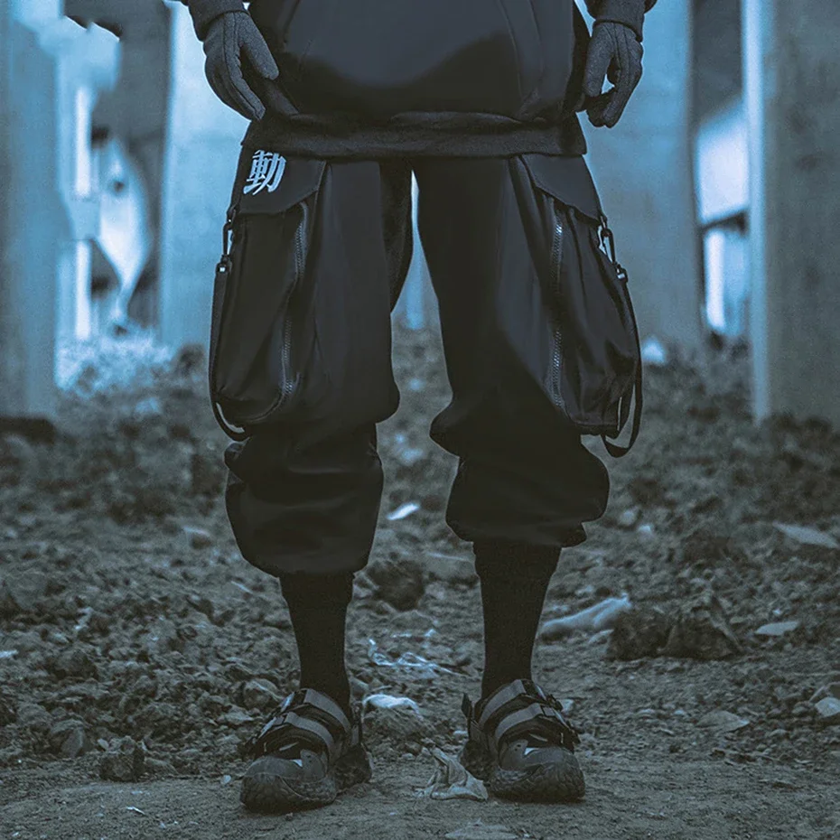 

Kanji Zip Pockets Oversized Techwear Cargo Pants Long Ribbons Streetwear Harajuku Hip Hop Black Joggers Trousers Unisex Pants