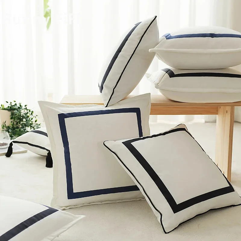 Velvet pillow covers with black and dark blue square borders