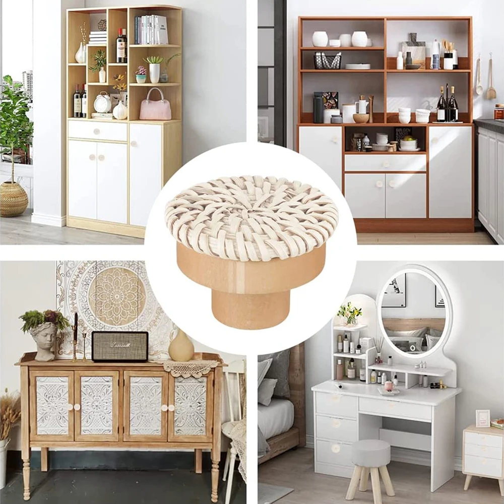 Rattan Wooden Handles Round Handmade Cabinets Drawer Pulls Wood Kitchen Cupboard Wardrobe Door Dresser Knobs 1-24pcs