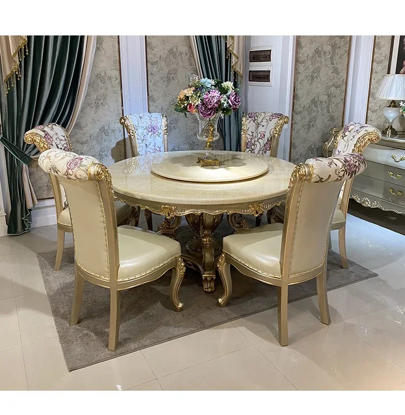 European round dining table and chair combination luxury restaurant dining table solid wood carved marble round