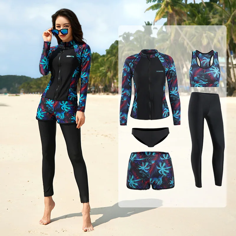 Rash Guard 3-5 Piece with Boy Shorts Long Sleeve Zipper Swimsuit Women Men