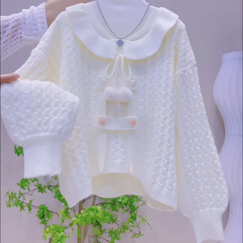 

Autumn Winter Sweet Lolita Style Knitted Pullovers Women Kawaii Ruffles O Neck Plush Ball Sweaters Vintage Elegant Knitwear Tops